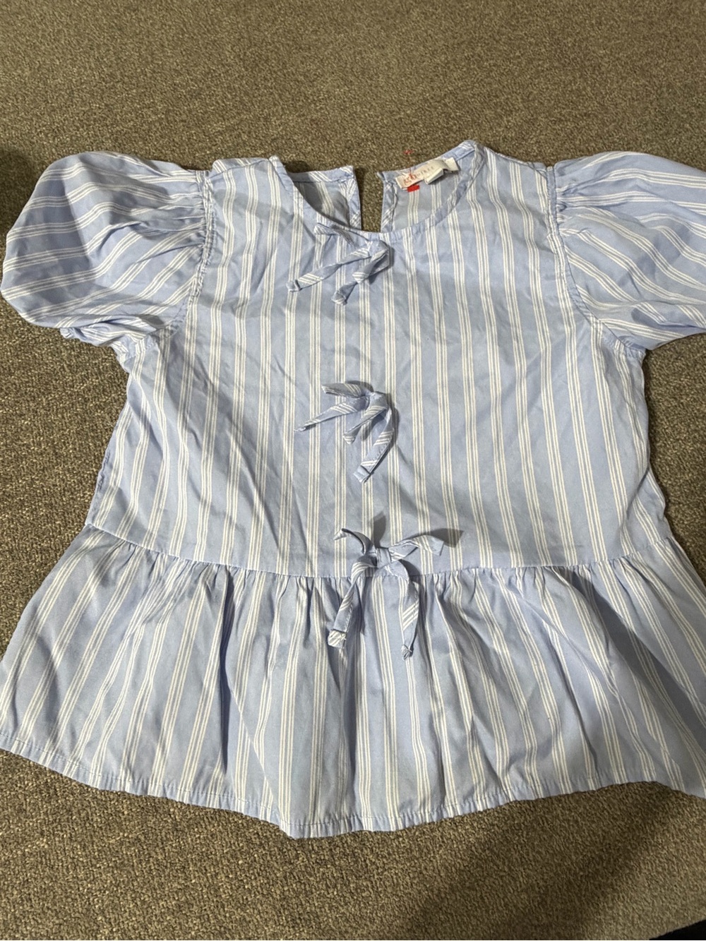 GB girls Light Blue and White Striped Tie-Front Peplum Blouse 8/10.